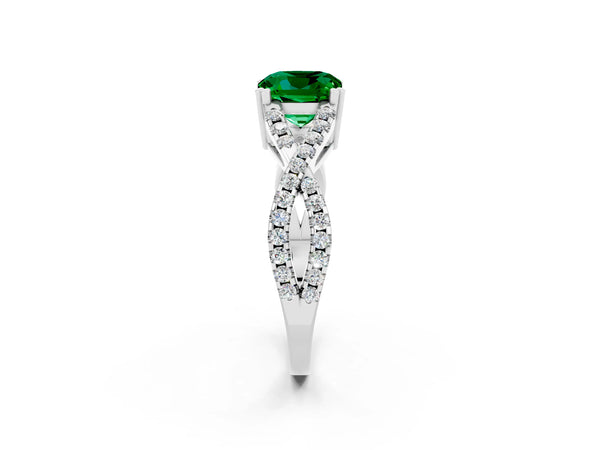 White gold Cushion Cut Emerald Solitaire Ring with Four-Prong Setting and Twisted Pavé Band