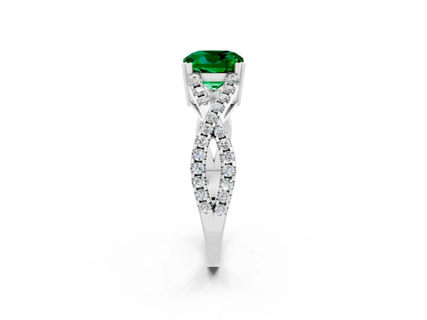 White gold Cushion Cut Emerald Solitaire Ring with Four-Prong Setting and Twisted Pavé Band_2