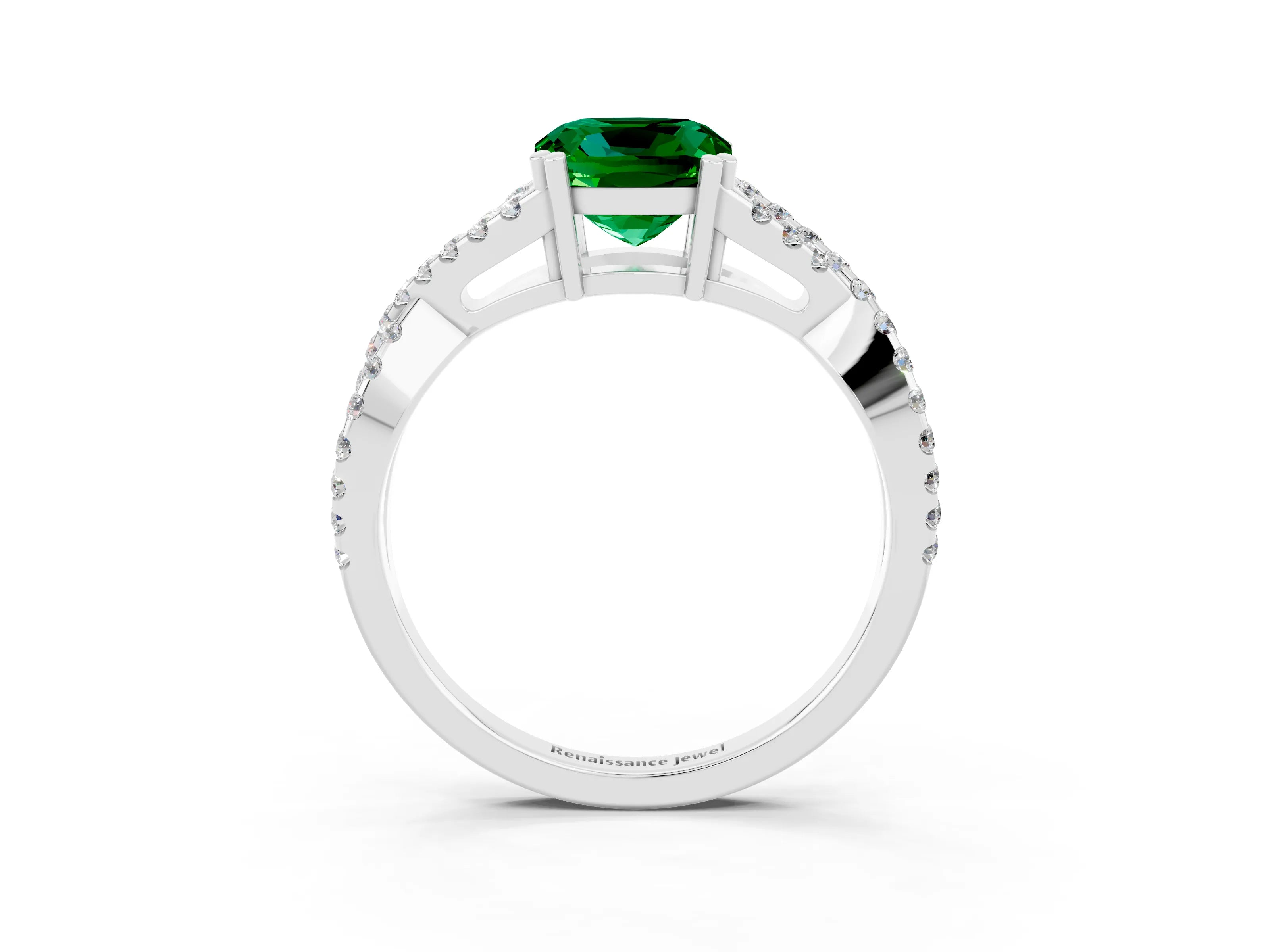 White gold Cushion Cut Emerald Solitaire Ring with Four-Prong Setting and Twisted Pavé Band_3