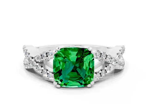 White gold Cushion Cut Emerald Solitaire Ring with Four-Prong Setting and Twisted Pavé Band