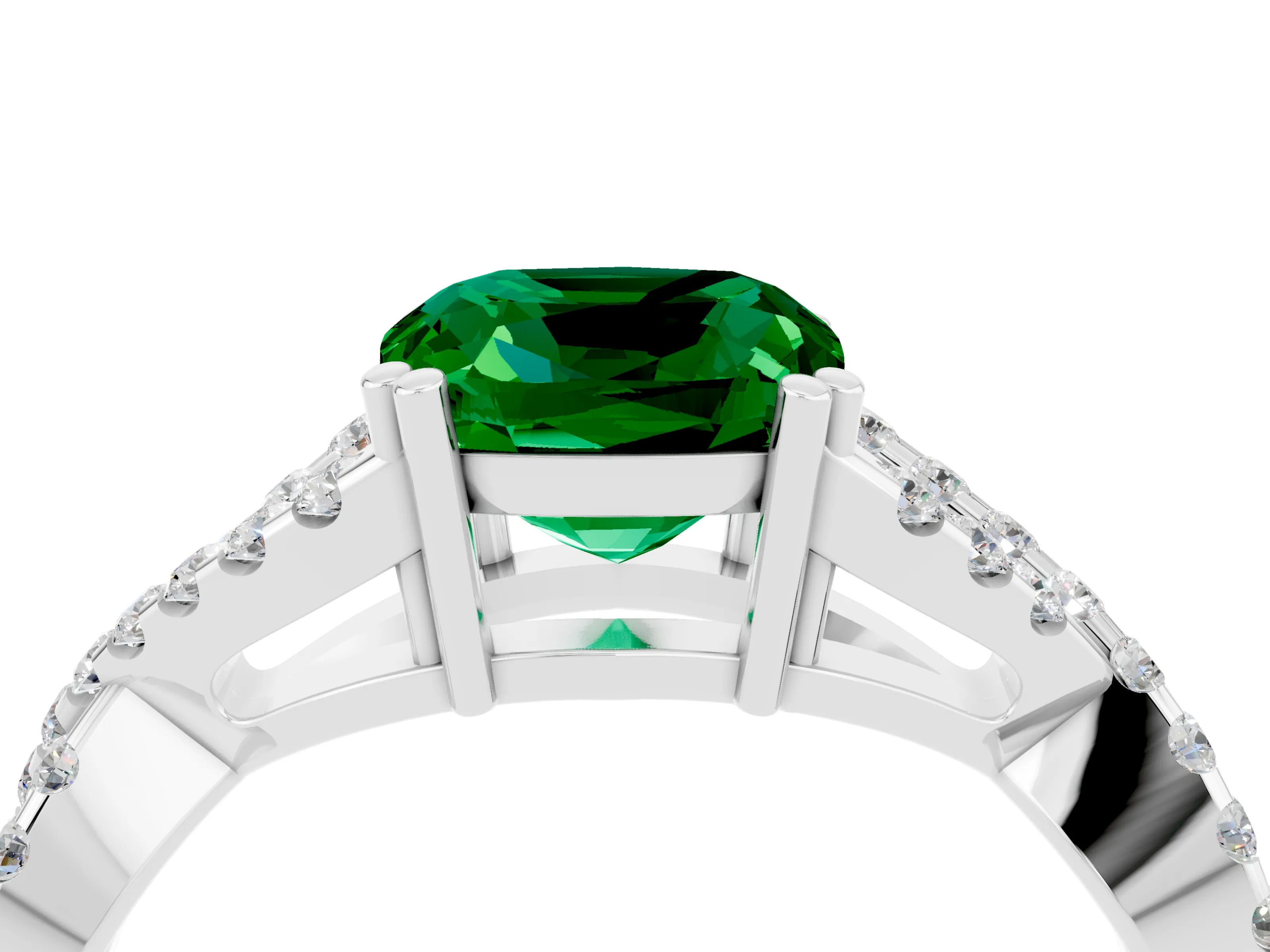 White gold Cushion Cut Emerald Solitaire Ring with Four-Prong Setting and Twisted Pavé Band_4