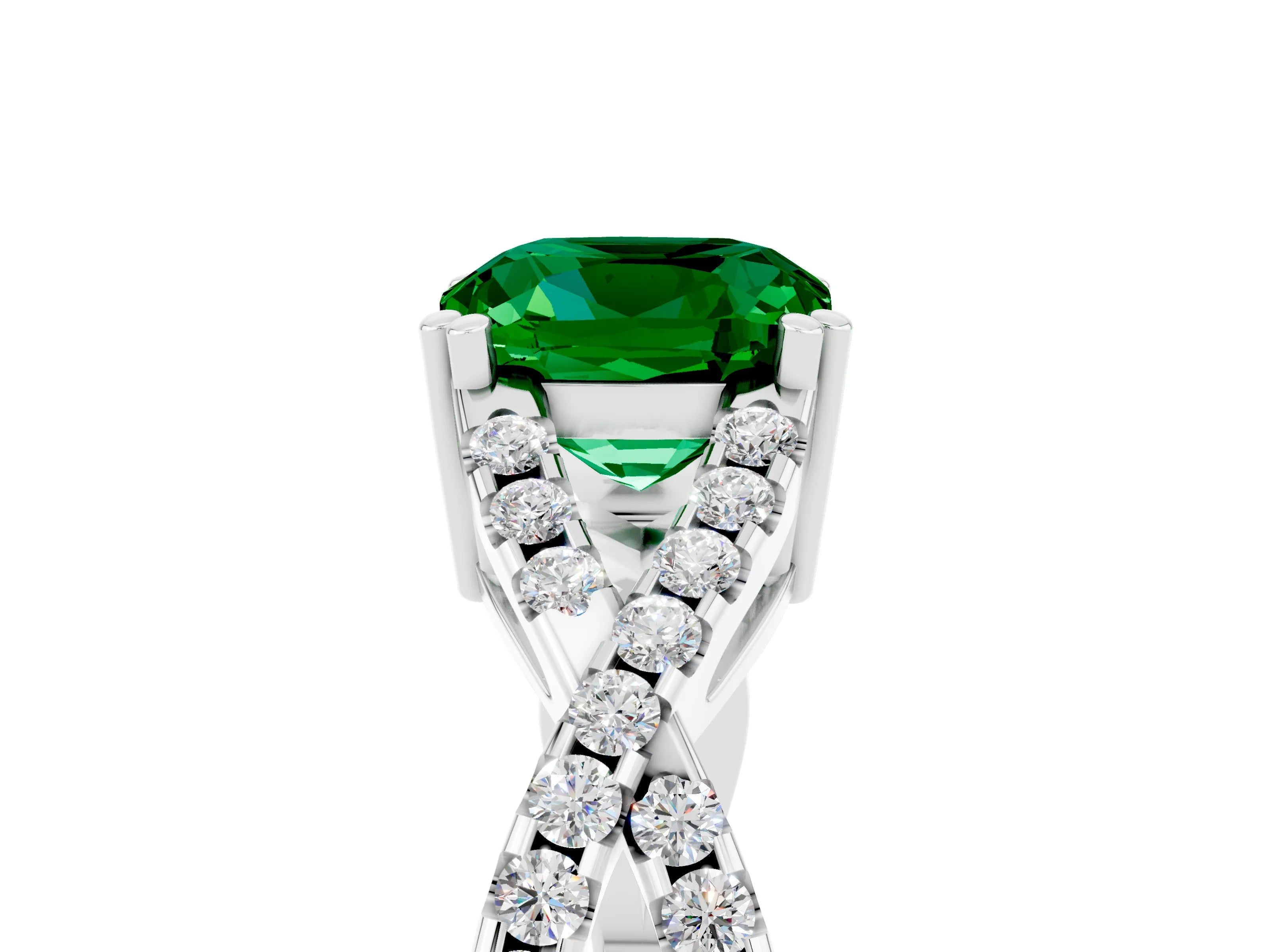 White gold Cushion Cut Emerald Solitaire Ring with Four-Prong Setting and Twisted Pavé Band_5