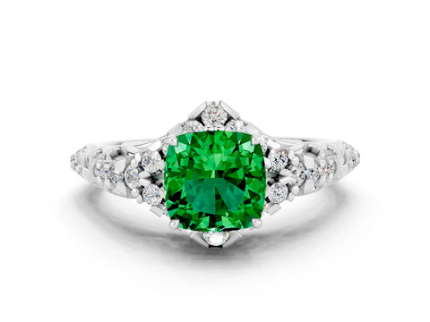 White gold Cushion Cut Emerald Solitaire Ring with Hidden Halo and Pavé Band_12