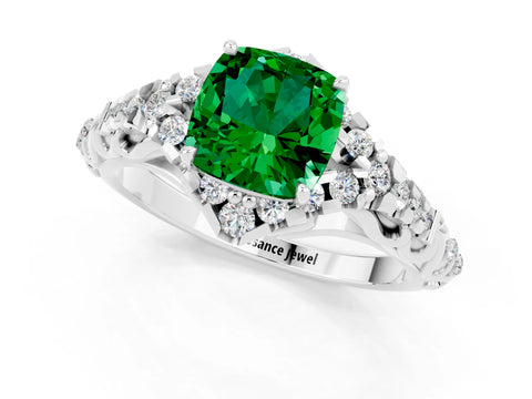 White gold Cushion Cut Emerald Solitaire Ring with Hidden Halo and Pavé Band_13
