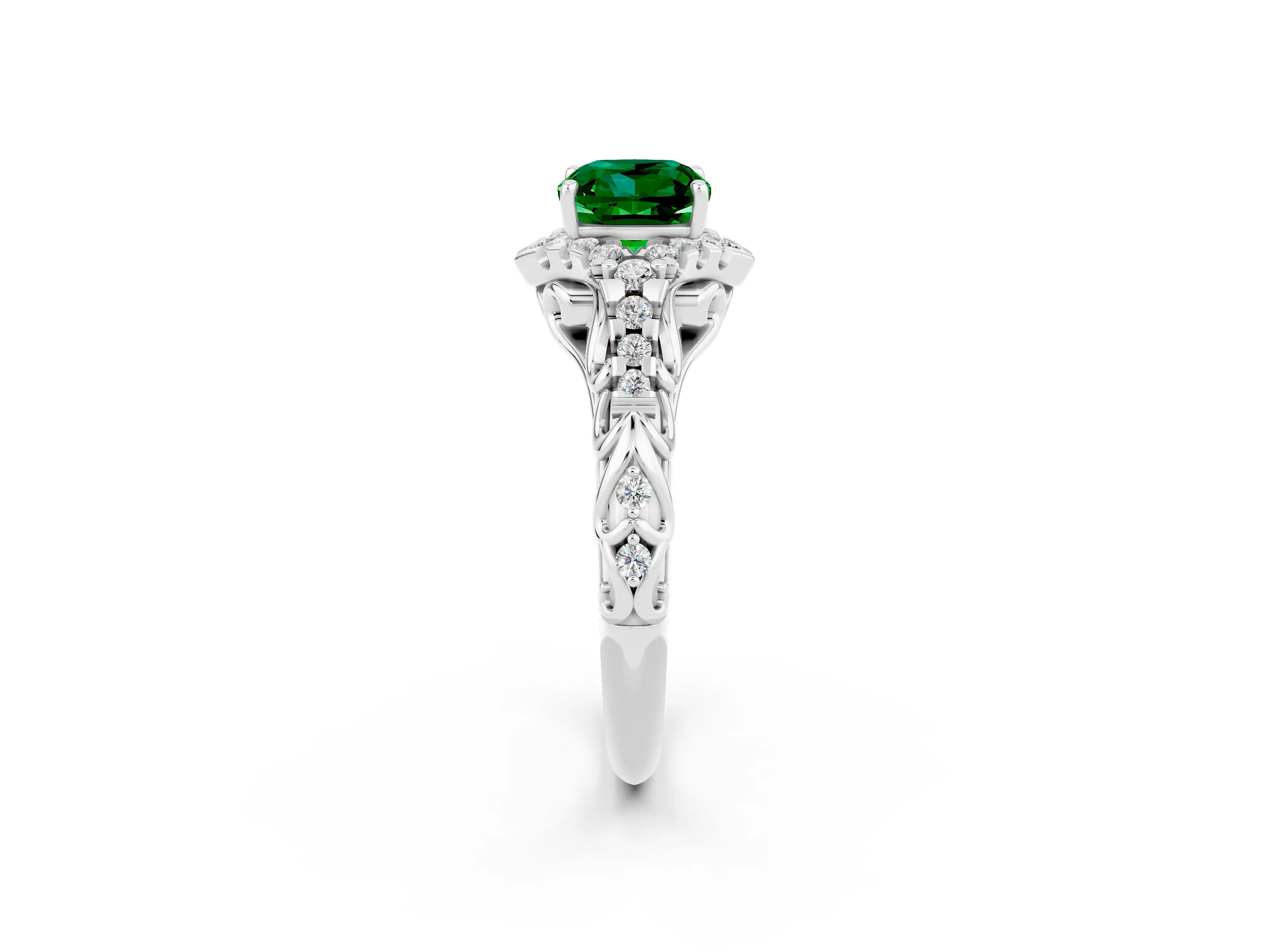 White gold Cushion Cut Emerald Solitaire Ring with Hidden Halo and Pavé Band_14