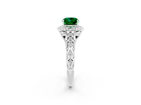 White gold Cushion Cut Emerald Solitaire Ring with Hidden Halo and Pavé Band_14