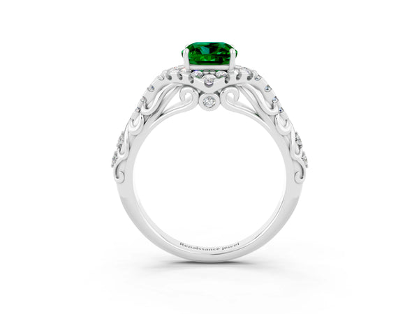 White gold Cushion Cut Emerald Solitaire Ring with Hidden Halo and Pavé Band
