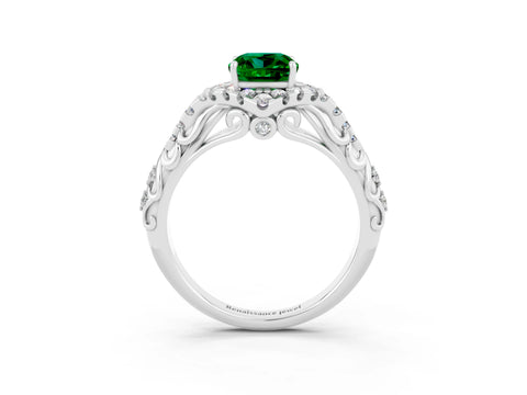 White gold Cushion Cut Emerald Solitaire Ring with Hidden Halo and Pavé Band_15