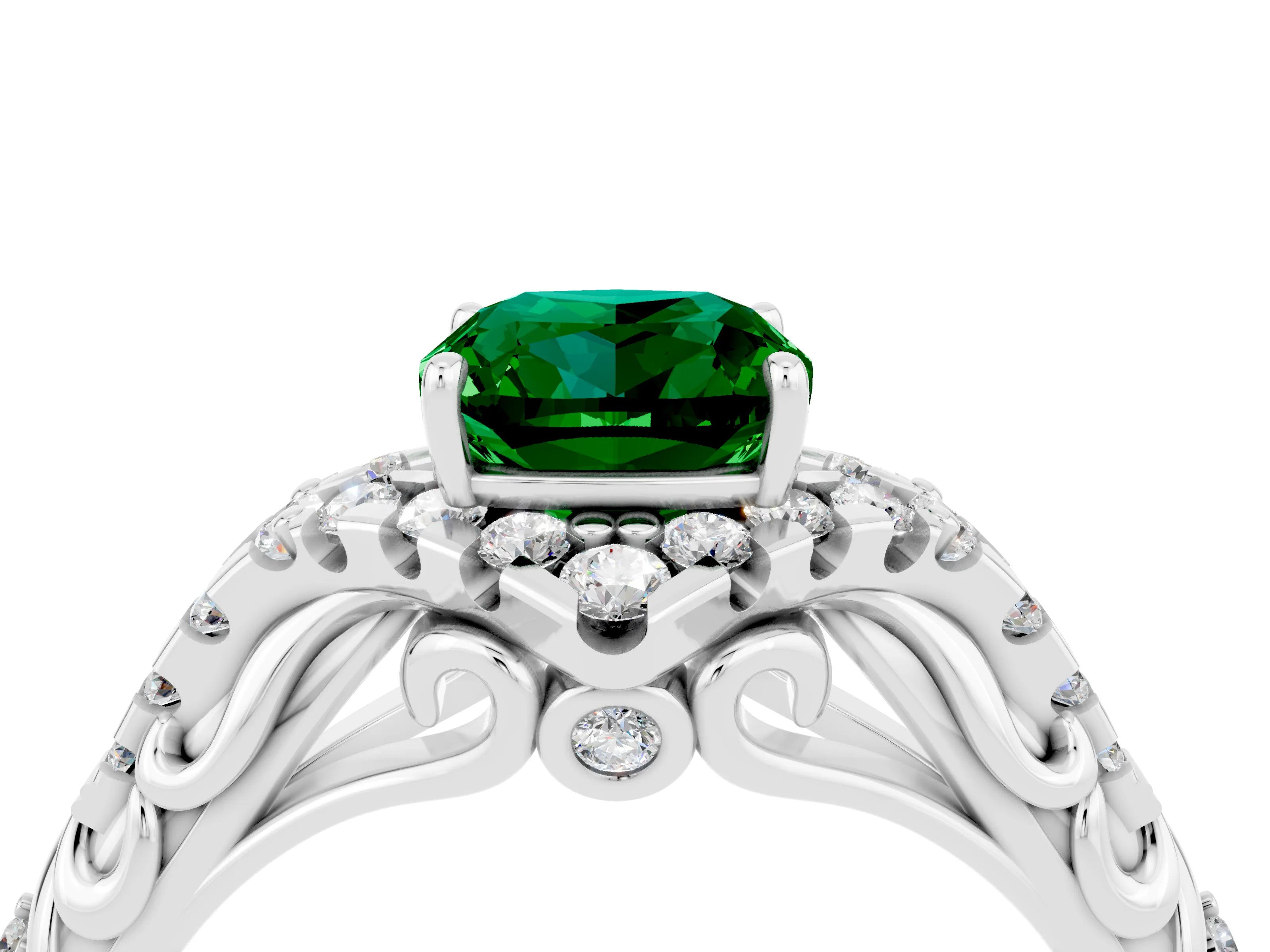 White gold Cushion Cut Emerald Solitaire Ring with Hidden Halo and Pavé Band_16