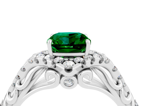 White gold Cushion Cut Emerald Solitaire Ring with Hidden Halo and Pavé Band_16