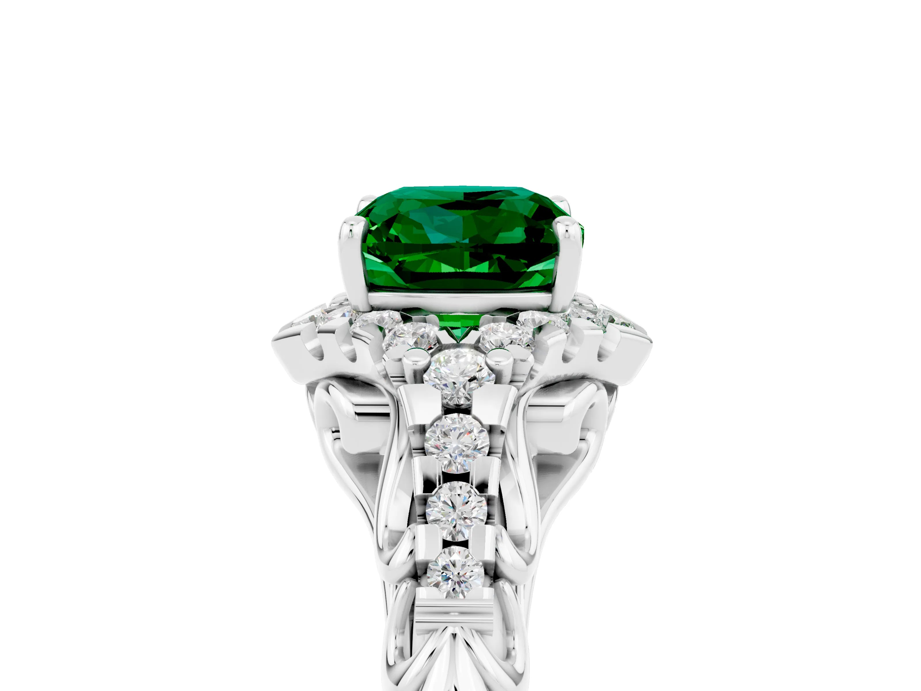 White gold Cushion Cut Emerald Solitaire Ring with Hidden Halo and Pavé Band_17