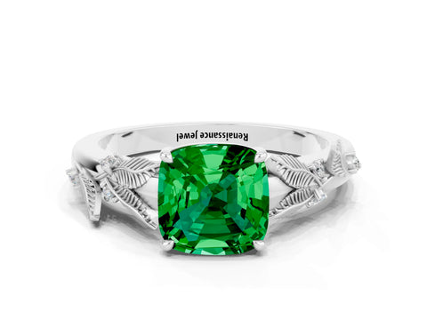 White gold Cushion Cut Emerald Solitaire Ring with Leaf Motif Band and Four-Prong Setting_12