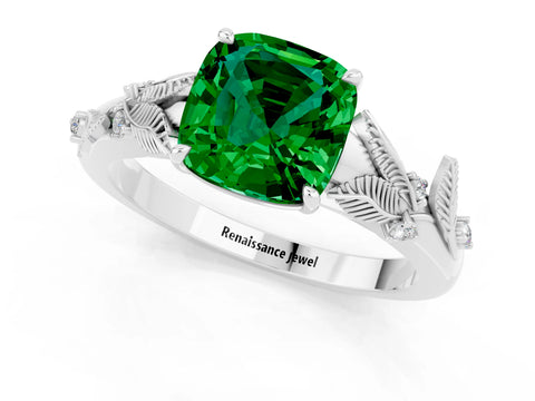 White gold Cushion Cut Emerald Solitaire Ring with Leaf Motif Band and Four-Prong Setting_13