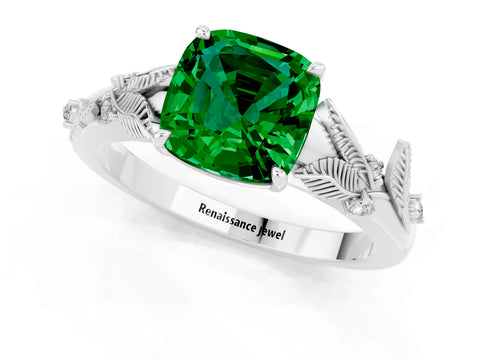 White gold Cushion Cut Emerald Solitaire Ring with Leaf Motif Band and Four-Prong Setting_13
