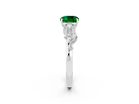 White gold Cushion Cut Emerald Solitaire Ring with Leaf Motif Band and Four-Prong Setting_14