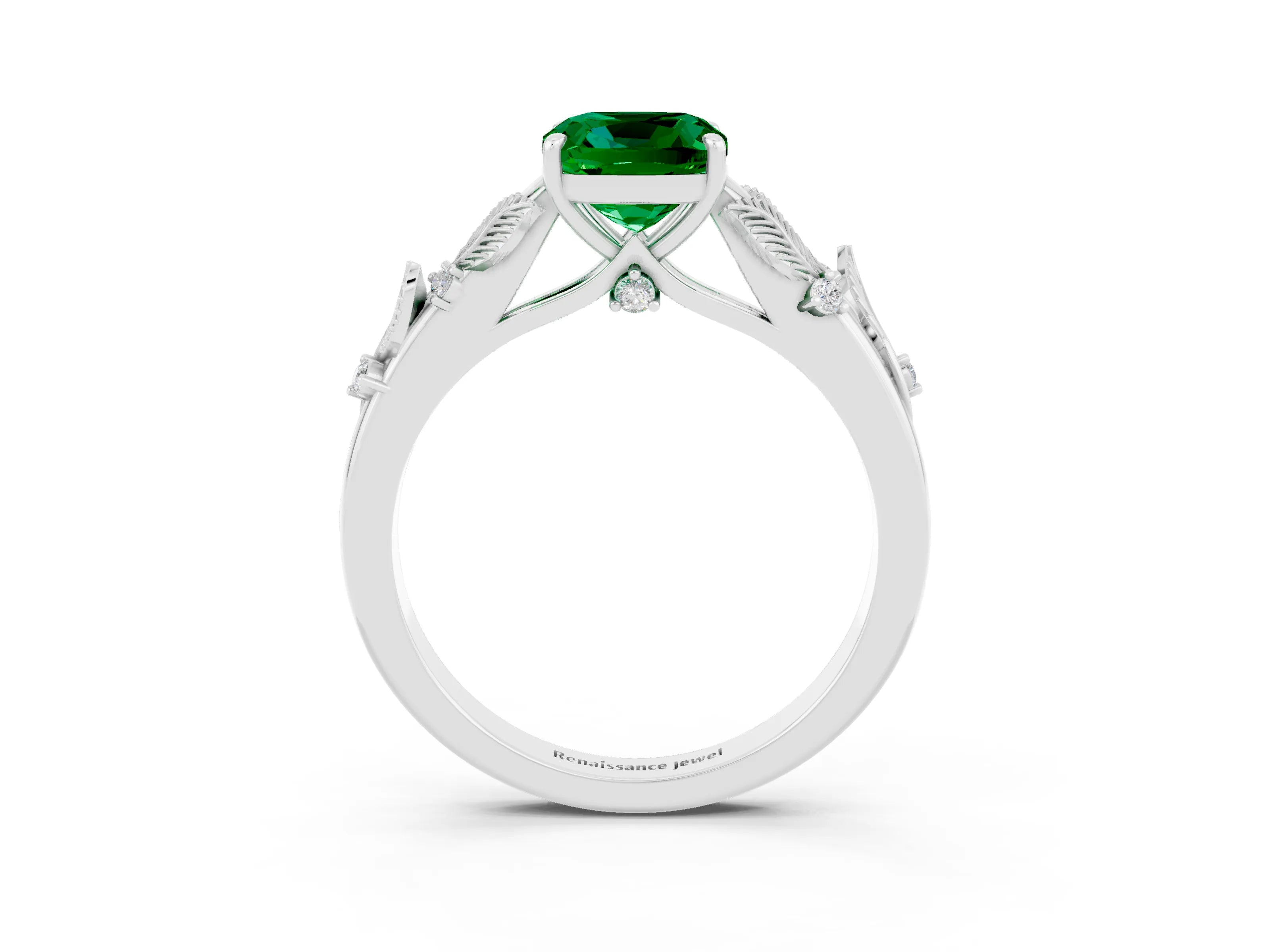 White gold Cushion Cut Emerald Solitaire Ring with Leaf Motif Band and Four-Prong Setting_15