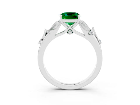 White gold Cushion Cut Emerald Solitaire Ring with Leaf Motif Band and Four-Prong Setting_15