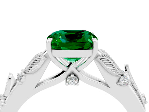 White gold Cushion Cut Emerald Solitaire Ring with Leaf Motif Band and Four-Prong Setting_16