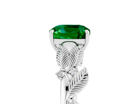 White gold Cushion Cut Emerald Solitaire Ring with Leaf Motif Band and Four-Prong Setting_17