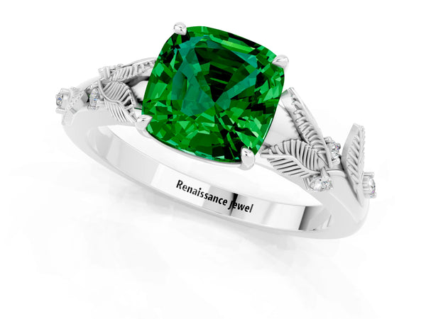 White gold Cushion Cut Emerald Solitaire Ring with Leaf Motif Band and Four-Prong Setting