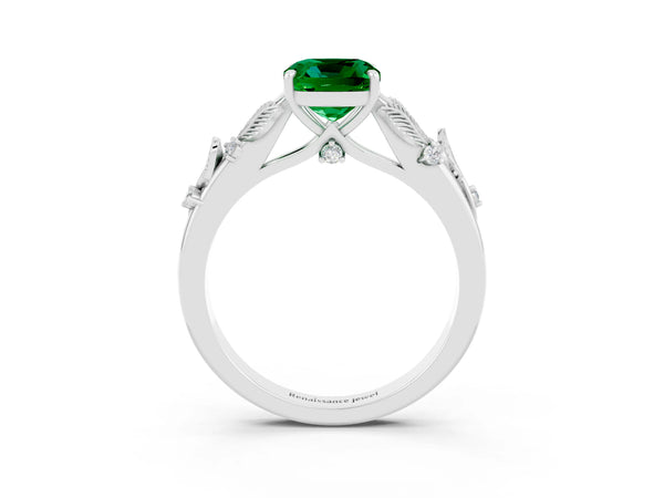 White gold Cushion Cut Emerald Solitaire Ring with Leaf Motif Band and Four-Prong Setting
