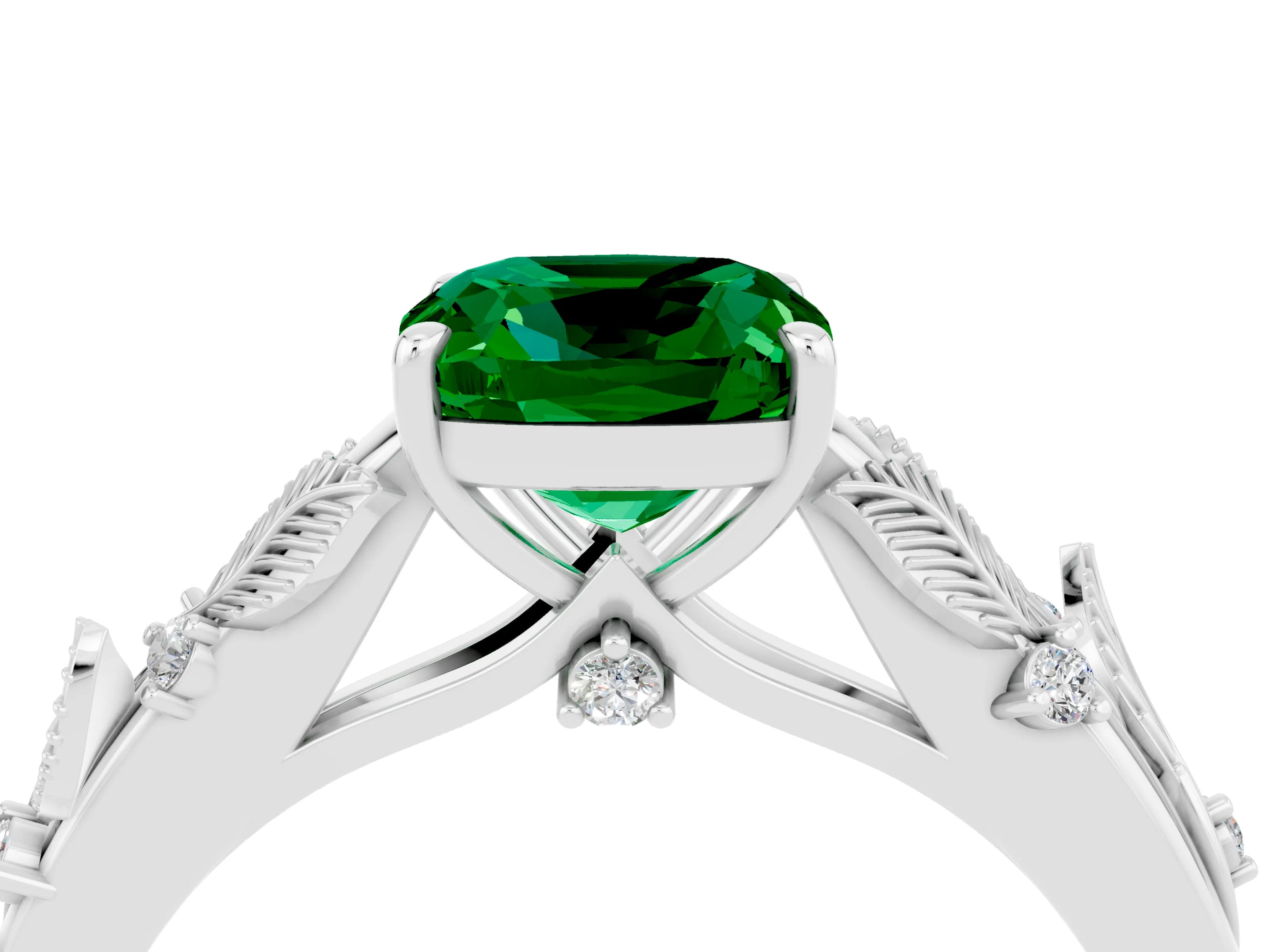 White gold Cushion Cut Emerald Solitaire Ring with Leaf Motif Band and Four-Prong Setting_23