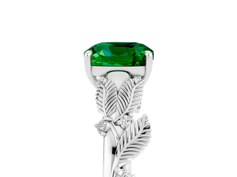 White gold Cushion Cut Emerald Solitaire Ring with Leaf Motif Band and Four-Prong Setting_24