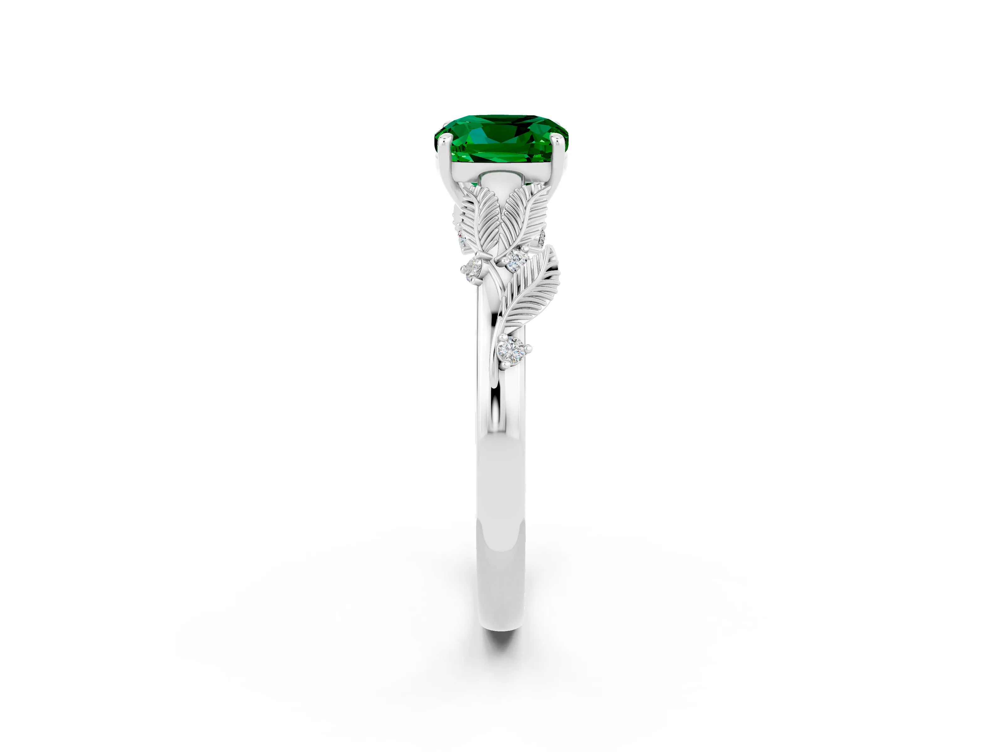 White gold Cushion Cut Emerald Solitaire Ring with Leaf Motif Band and Four-Prong Setting_26