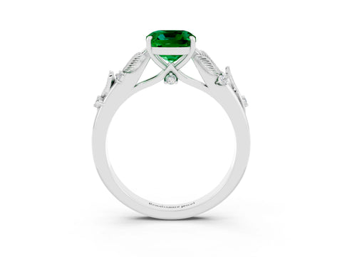 White gold Cushion Cut Emerald Solitaire Ring with Leaf Motif Band and Four-Prong Setting_27