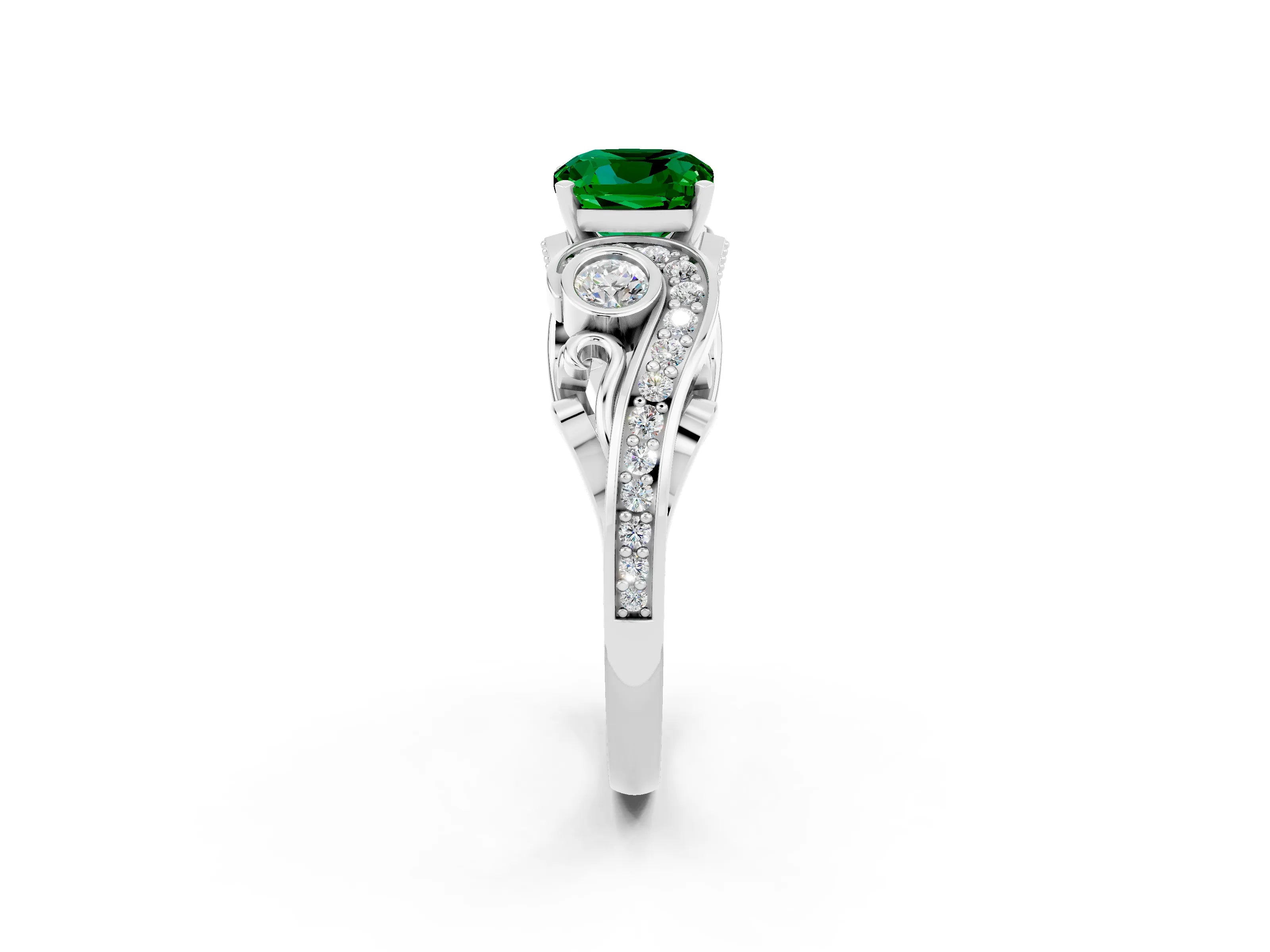 White gold Cushion Cut Emerald Solitaire Ring with Milgrain Pavé Band and Four-Prong Setting_14