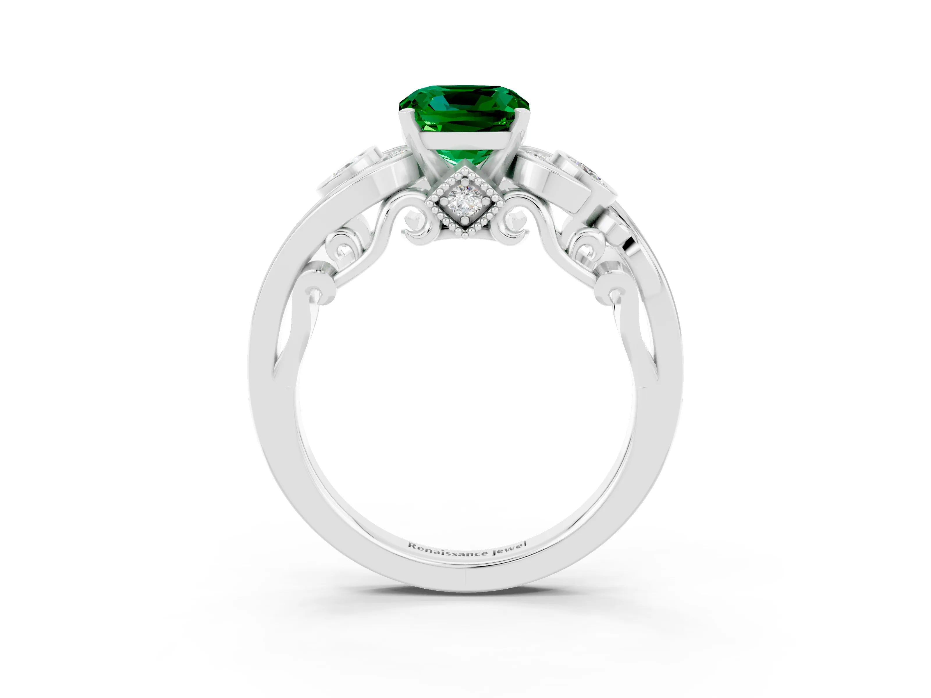 White gold Cushion Cut Emerald Solitaire Ring with Milgrain Pavé Band and Four-Prong Setting_15