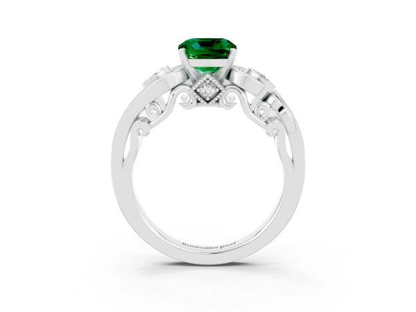 Platinum Cushion Cut Emerald Solitaire Ring with Milgrain Pavé Band and Four-Prong Setting