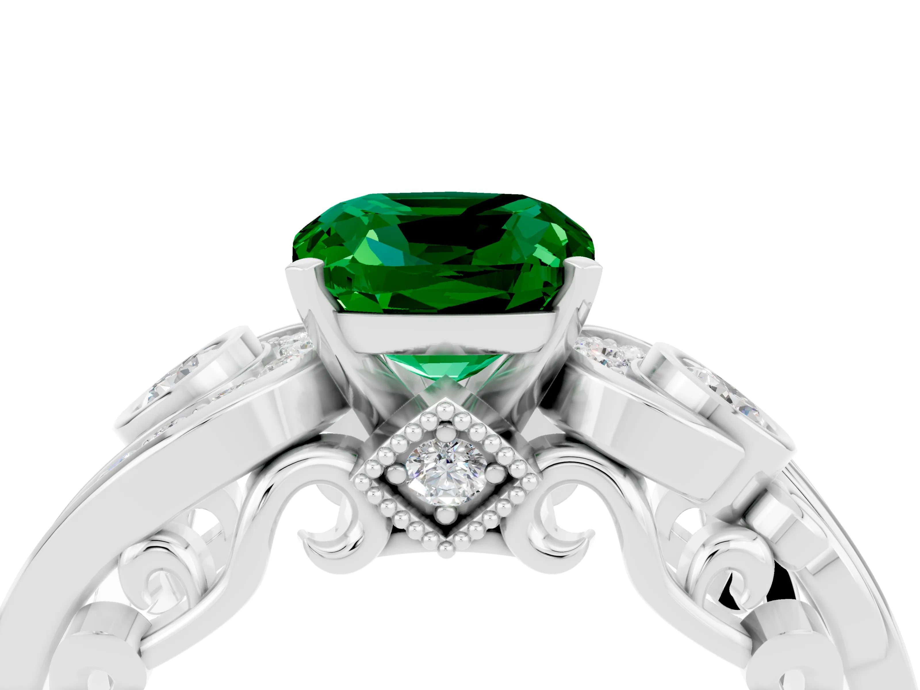 White gold Cushion Cut Emerald Solitaire Ring with Milgrain Pavé Band and Four-Prong Setting_16