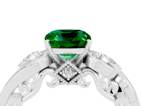 White gold Cushion Cut Emerald Solitaire Ring with Milgrain Pavé Band and Four-Prong Setting_16
