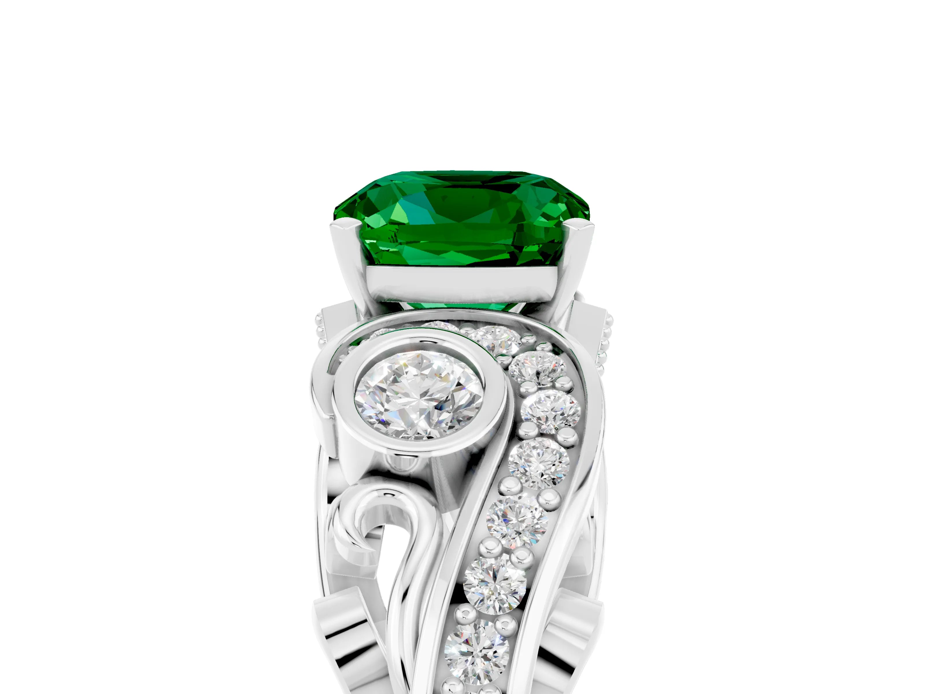 White gold Cushion Cut Emerald Solitaire Ring with Milgrain Pavé Band and Four-Prong Setting_17