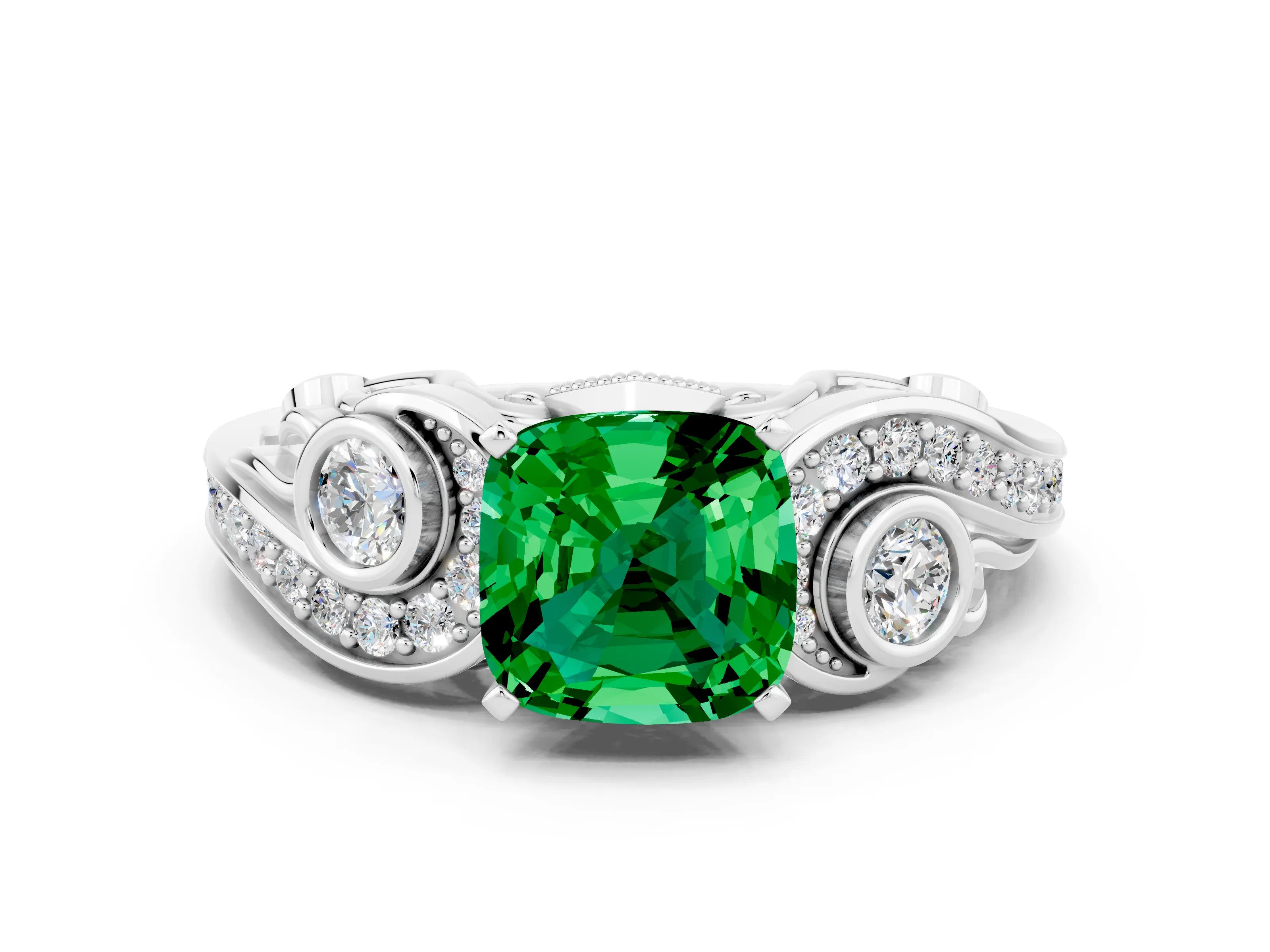 White gold Cushion Cut Emerald Solitaire Ring with Milgrain Pavé Band and Four-Prong Setting_48