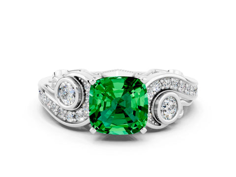 White gold Cushion Cut Emerald Solitaire Ring with Milgrain Pavé Band and Four-Prong Setting_48