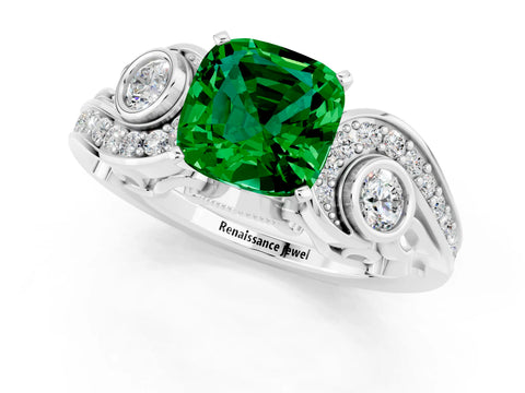 White gold Cushion Cut Emerald Solitaire Ring with Milgrain Pavé Band and Four-Prong Setting_49