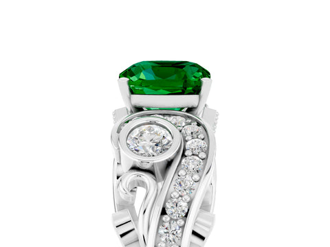 White gold Cushion Cut Emerald Solitaire Ring with Milgrain Pavé Band and Four-Prong Setting_53