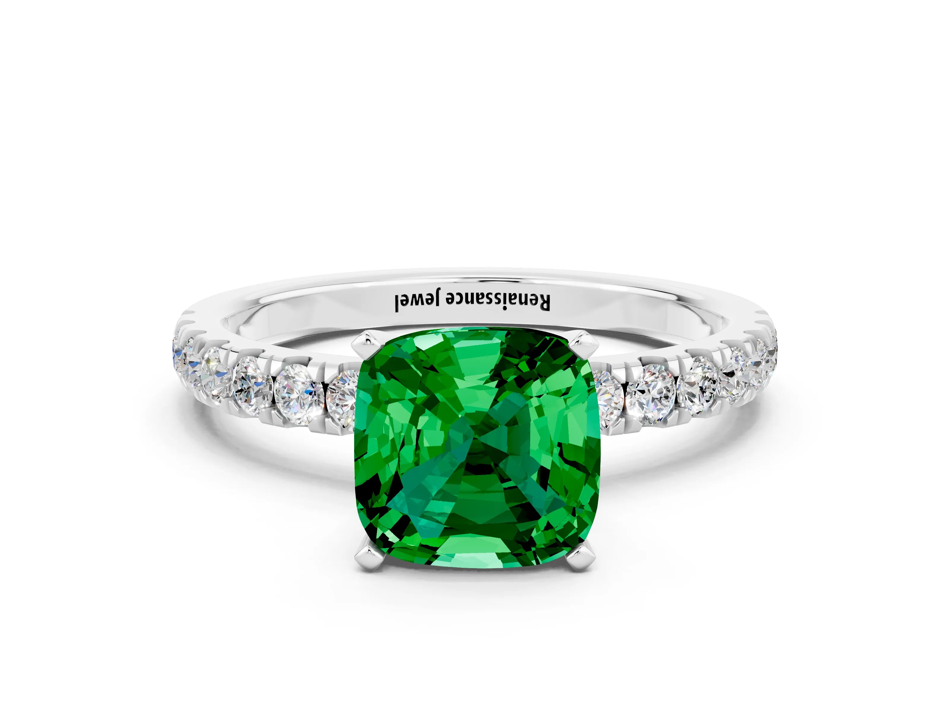 White gold Cushion Cut Emerald Solitaire Ring with Pavé Accents and Four-Prong Setting