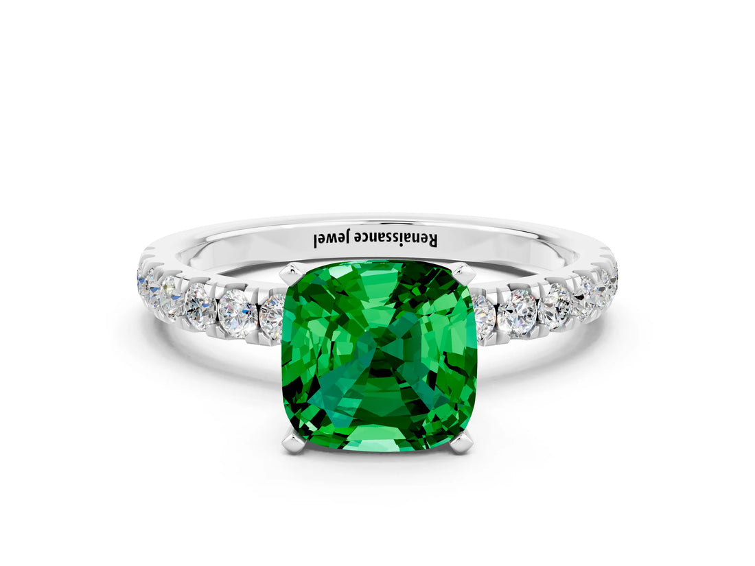 White gold Cushion Cut Emerald Solitaire Ring with Pavé Accents and Four-Prong Setting