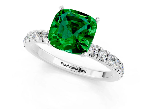 Silver Cushion Cut Emerald Solitaire Ring with Pavé Accents and Four-Prong Setting