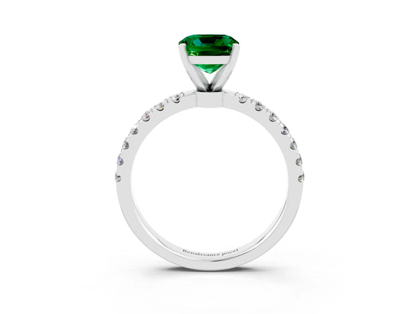 Silver Cushion Cut Emerald Solitaire Ring with Pavé Accents and Four-Prong Setting