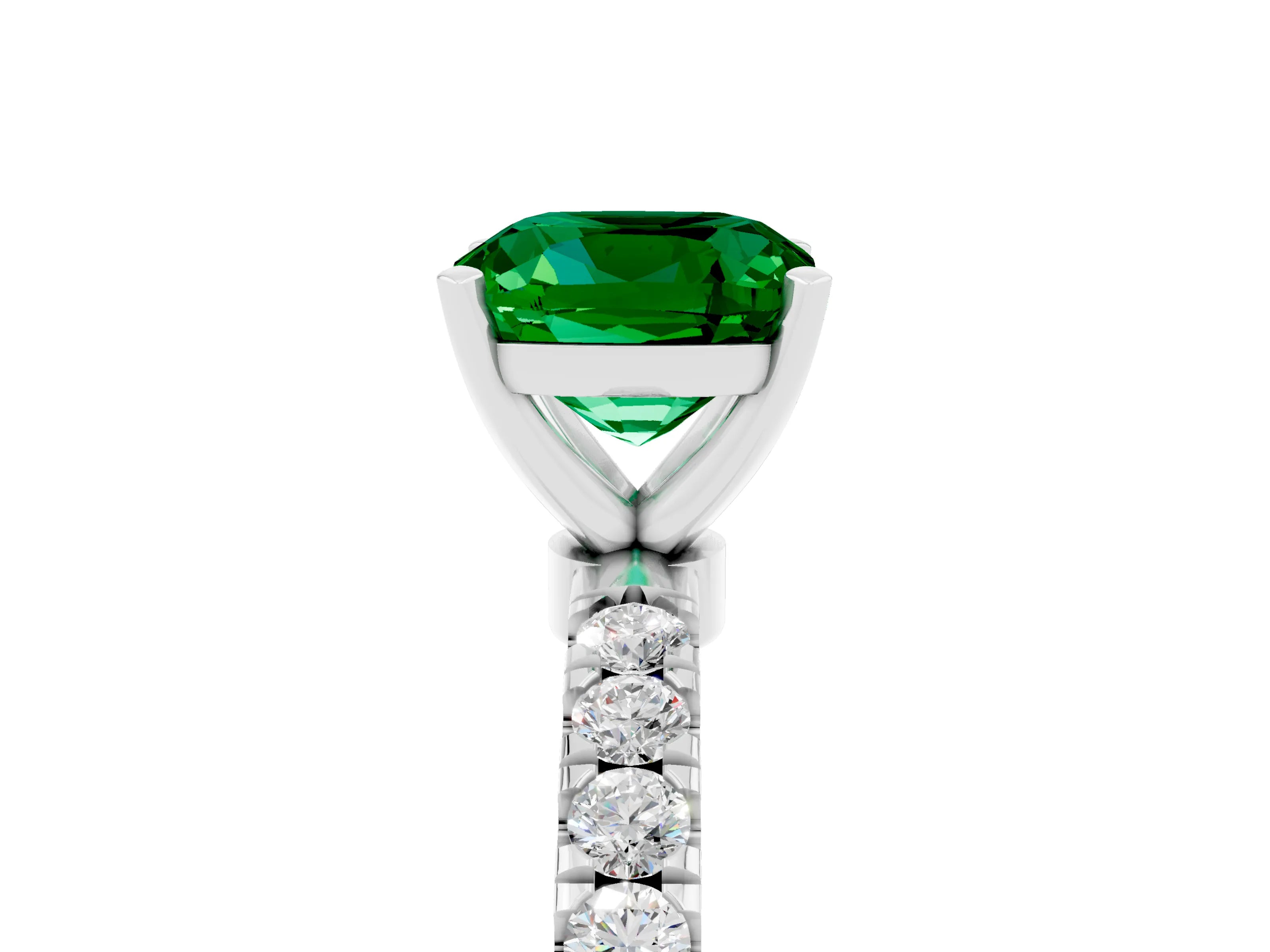 White gold Cushion Cut Emerald Solitaire Ring with Pavé Accents and Four-Prong Setting_5