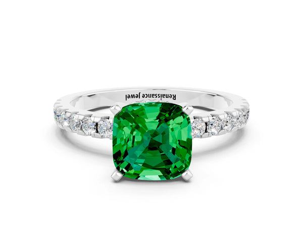 White gold Cushion Cut Emerald Solitaire Ring with Round  Pavé Band and Four-Prong Setting