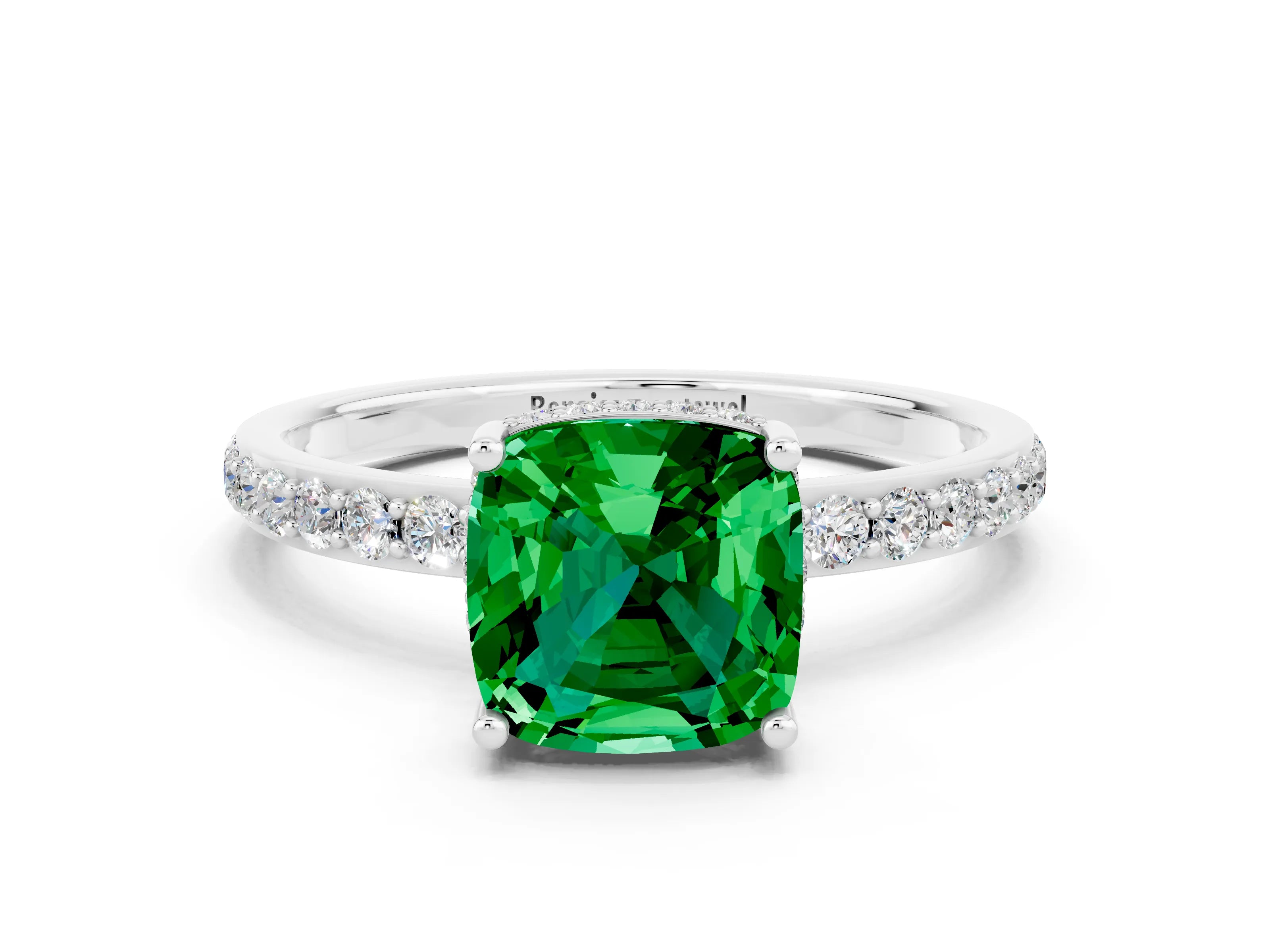 White gold Cushion Cut Emerald Solitaire Ring with Pavé Band and Hidden Halo