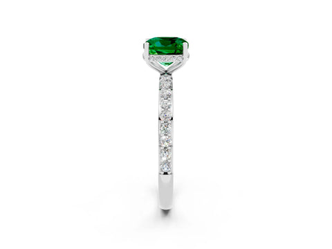 White gold Cushion Cut Emerald Solitaire Ring with Pavé Band and Hidden Halo_26