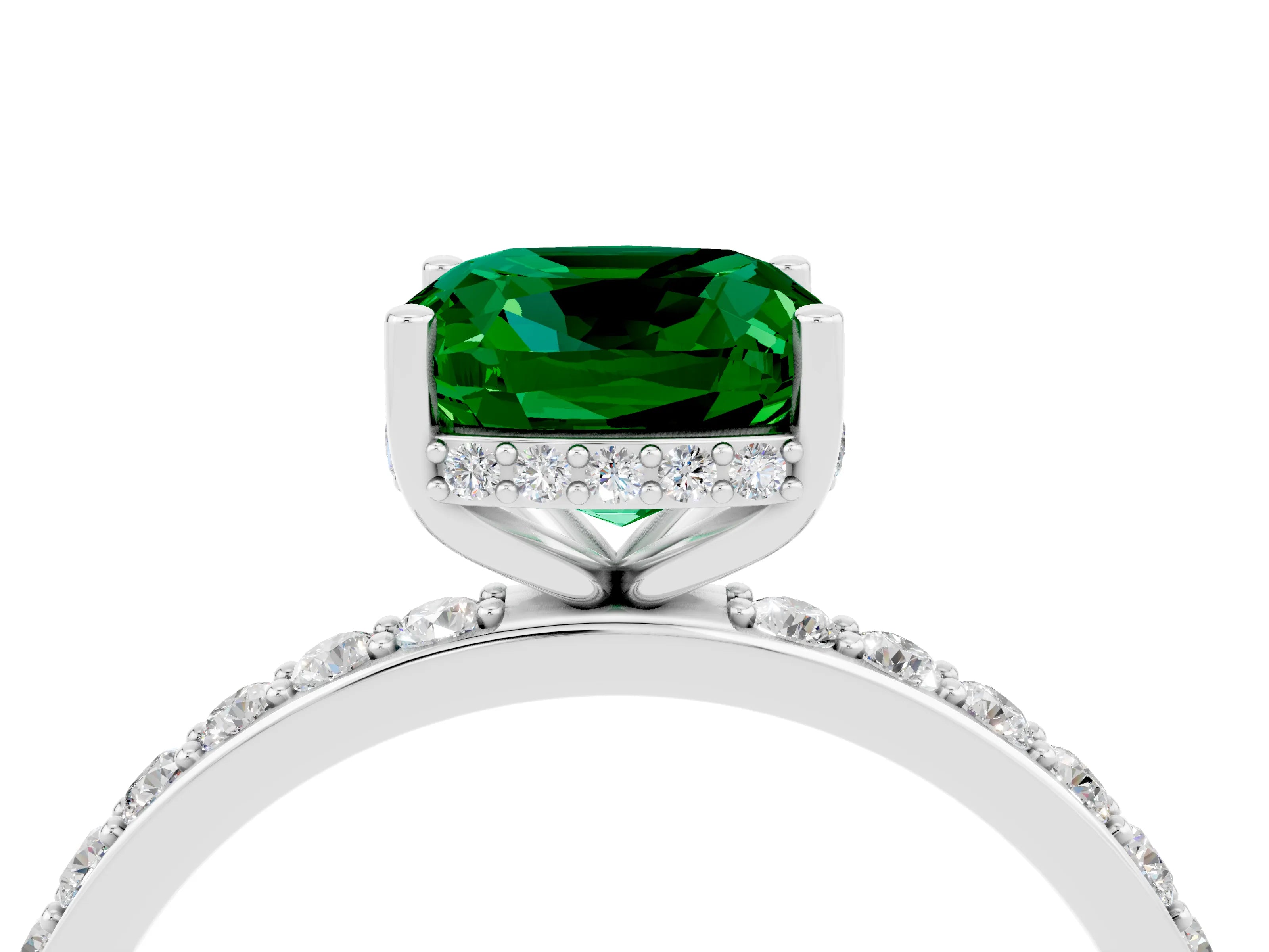 White gold Cushion Cut Emerald Solitaire Ring with Pavé Band and Hidden Halo_4