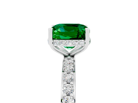 White gold Cushion Cut Emerald Solitaire Ring with Pavé Band and Hidden Halo_5