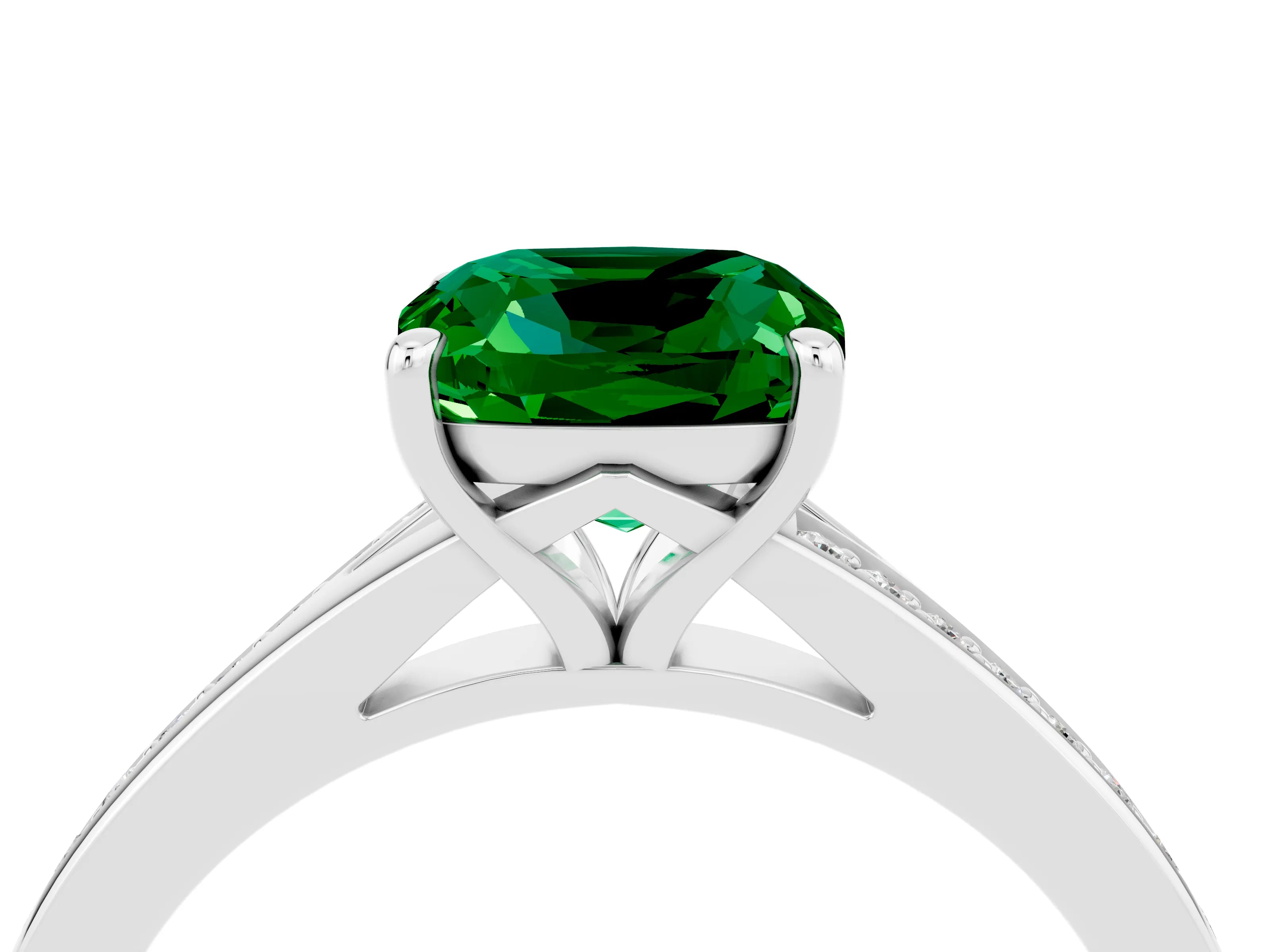 White gold Cushion Cut Emerald Solitaire Ring with Pavé Band and Prong Setting_16